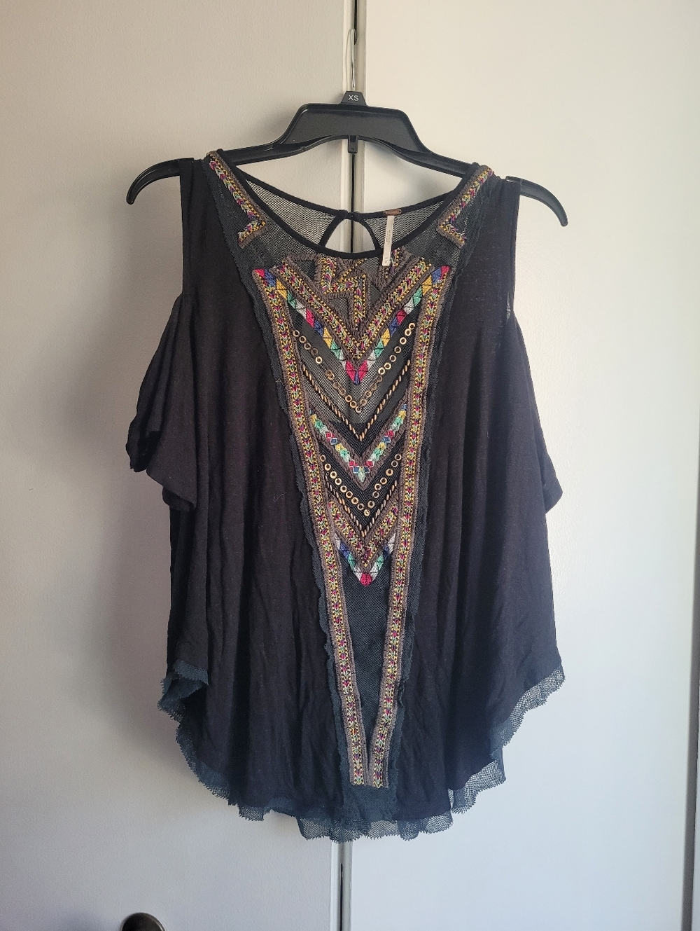 Free People One Embroidered Cold Shoulder Top Loose Fit